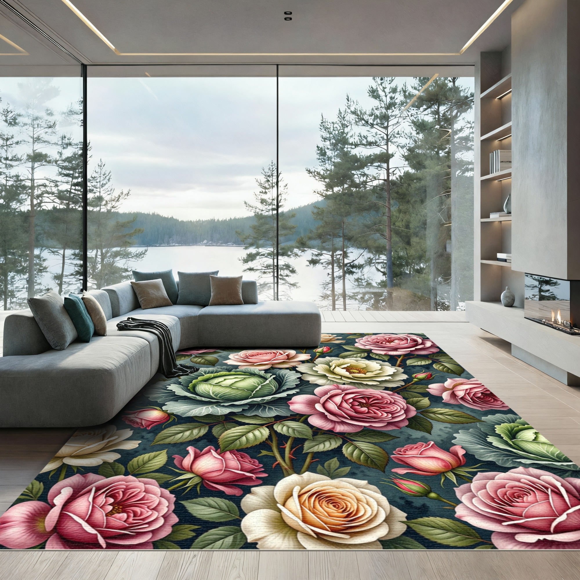 Blooming Cabbage and Rose Garden Bouquet Rug