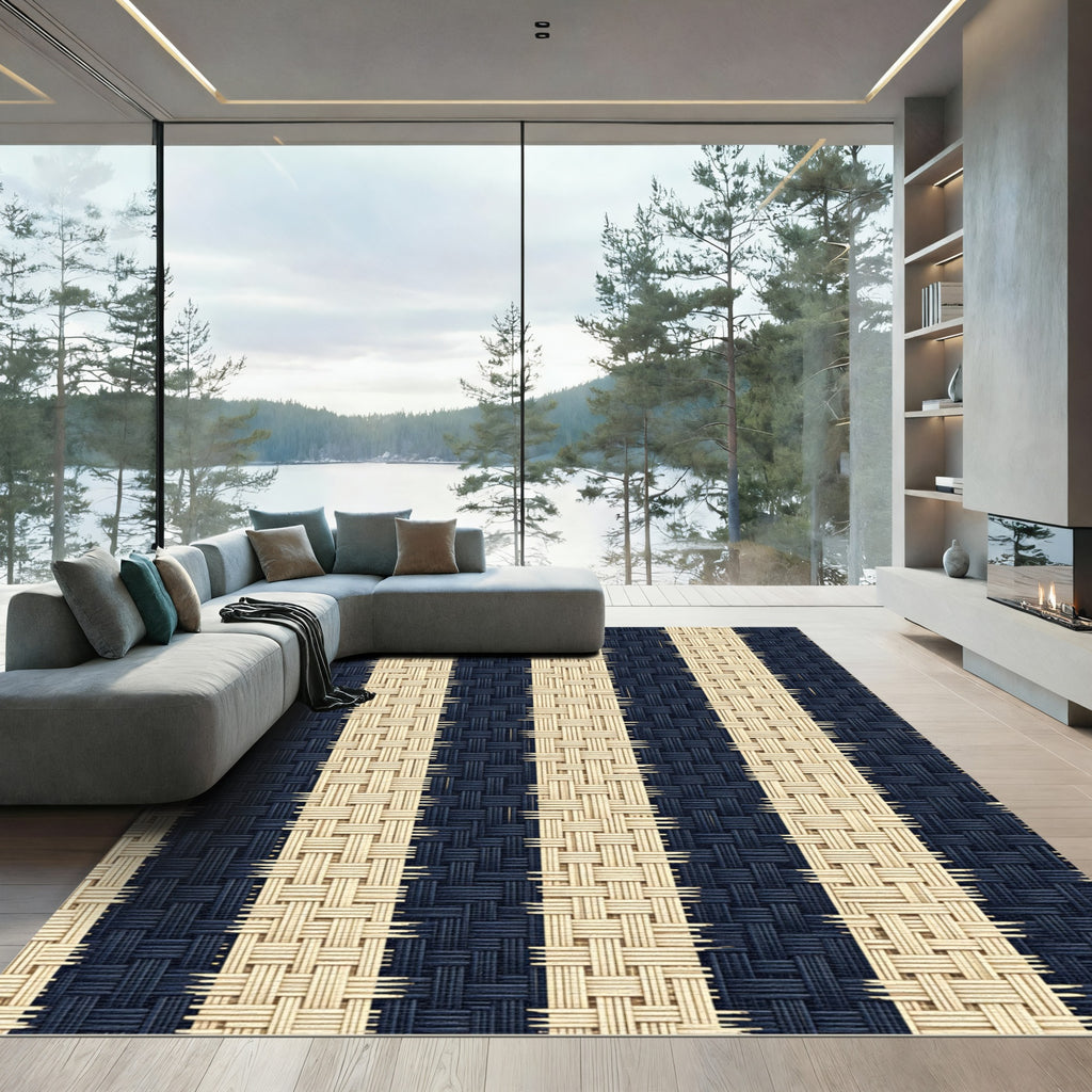 Modern Navy and Cream Vertical Stripe Rug