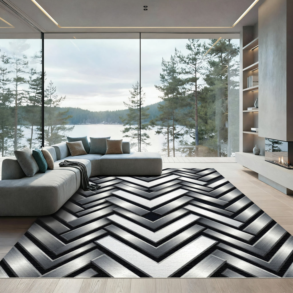 Metallic Silver Herringbone Chevron Rug