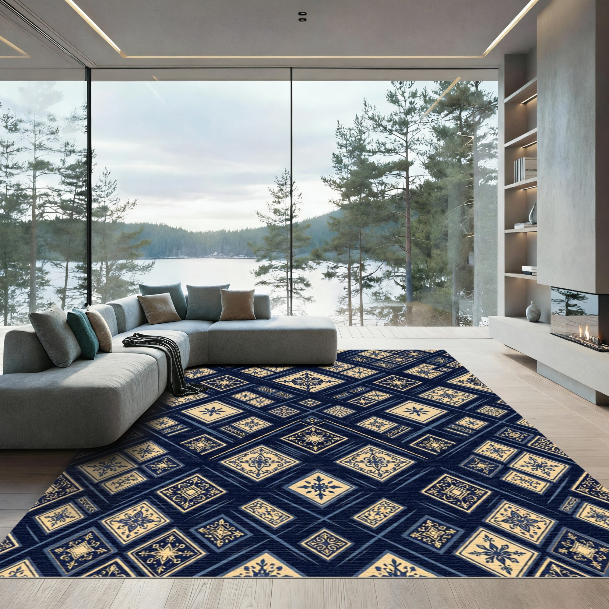 Deep Blue Golden Square Medallion Rug