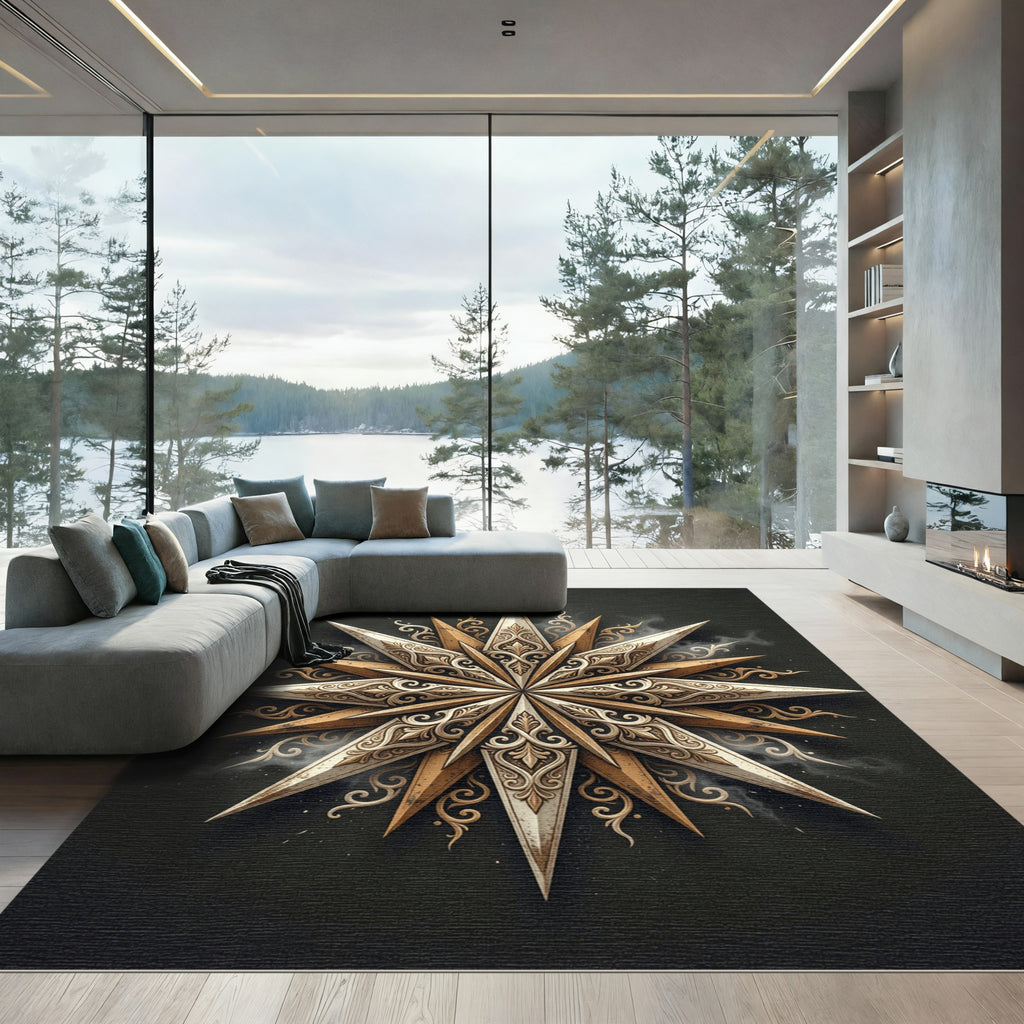 Ornate Golden Starburst Filigree Compass Rug