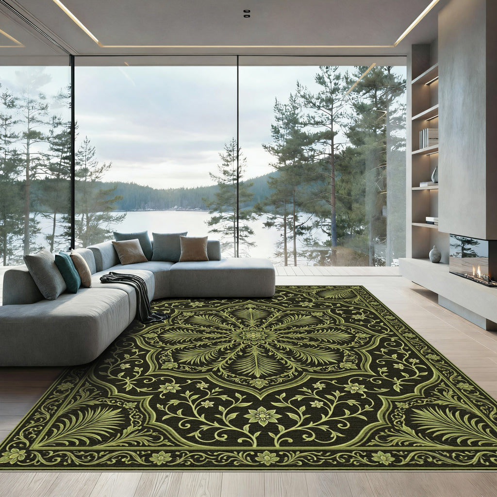 Olive Green Floral Medallion Art Rug