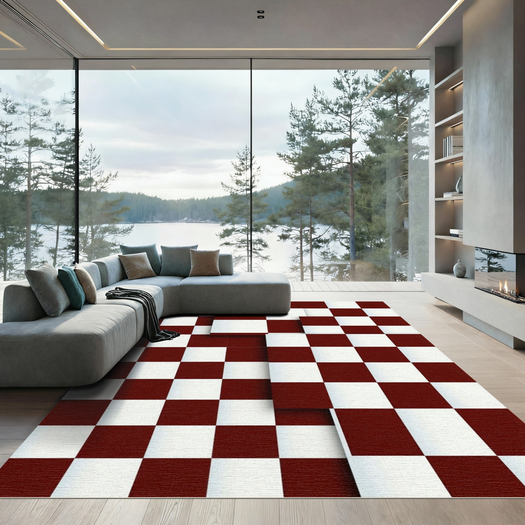 Modern Offset Burgundy Checkered Block Rug