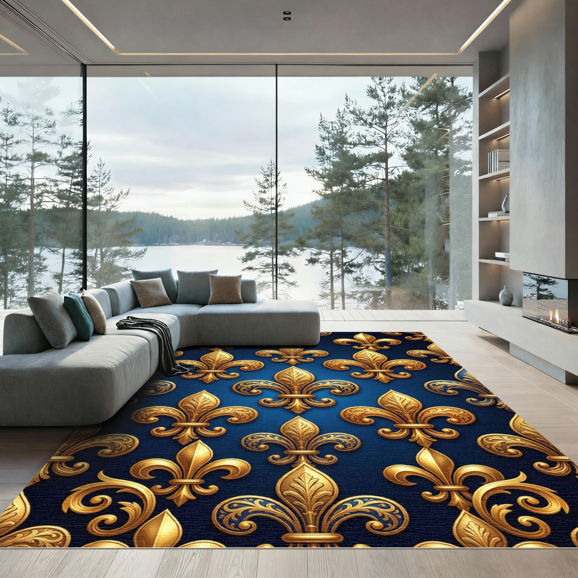 Royal Blue Gold Fleur de Lis Rug