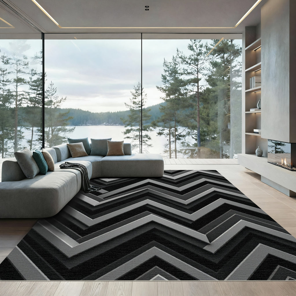 Modern Monochrome Chevron Zigzag Area Rug