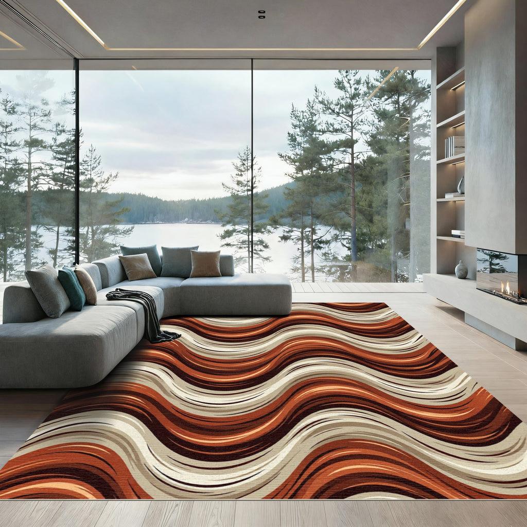Earthy Brown And Cream Wavy Stripes Rug
