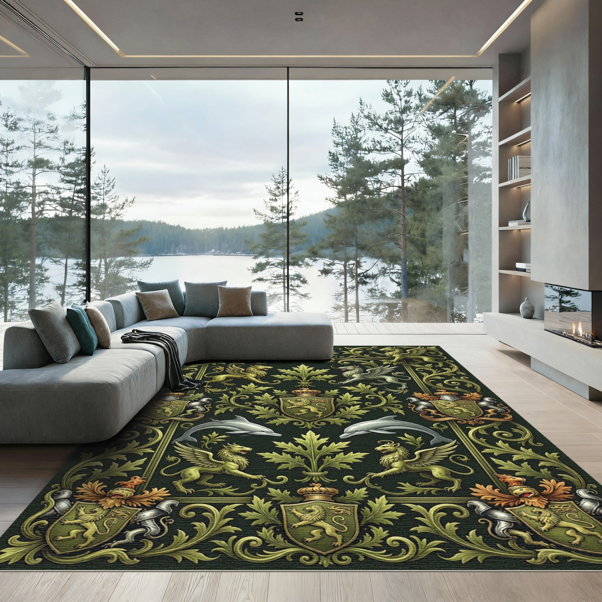 Ornate Green Griffins Shields Dolphins Rug
