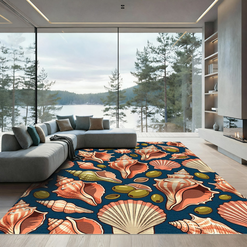 Coastal Seashell and Olive Deep Navy Rug