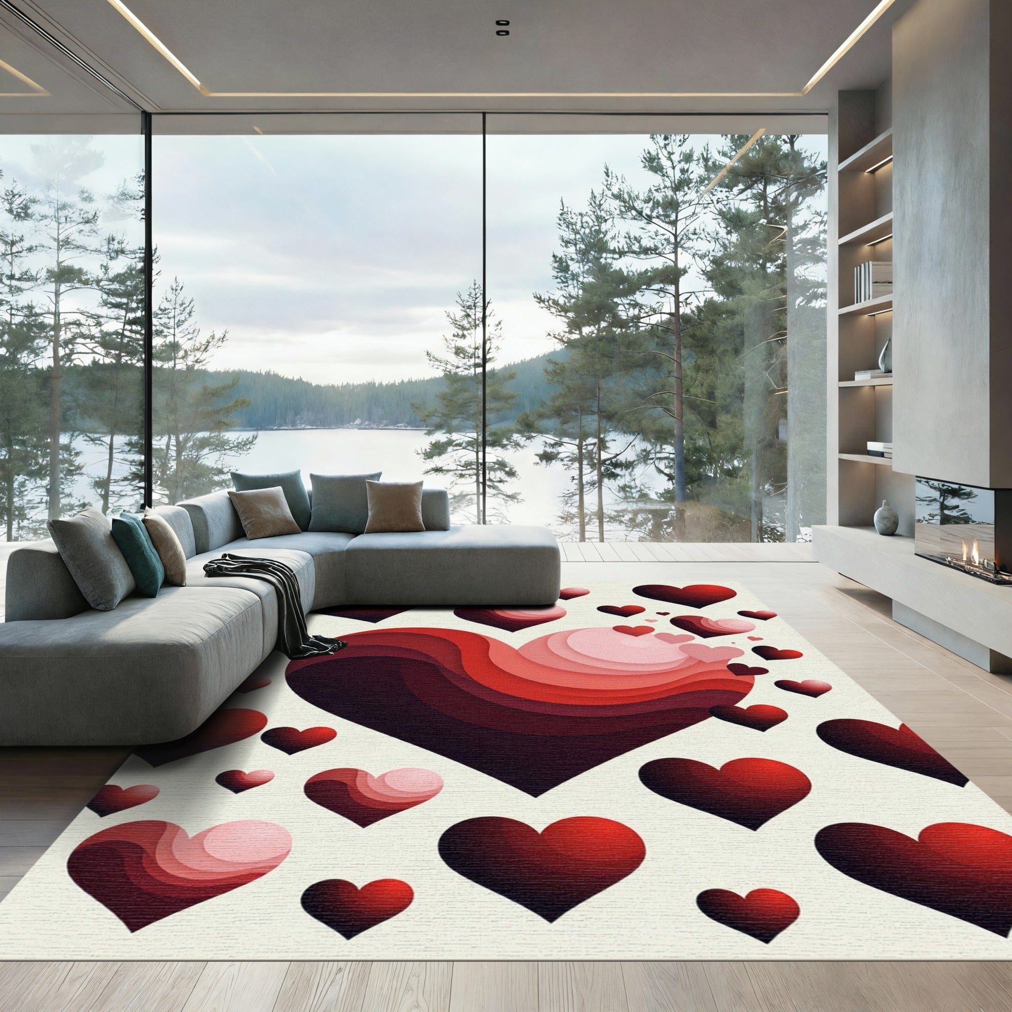 Layered Crimson Heart Abstract Rug
