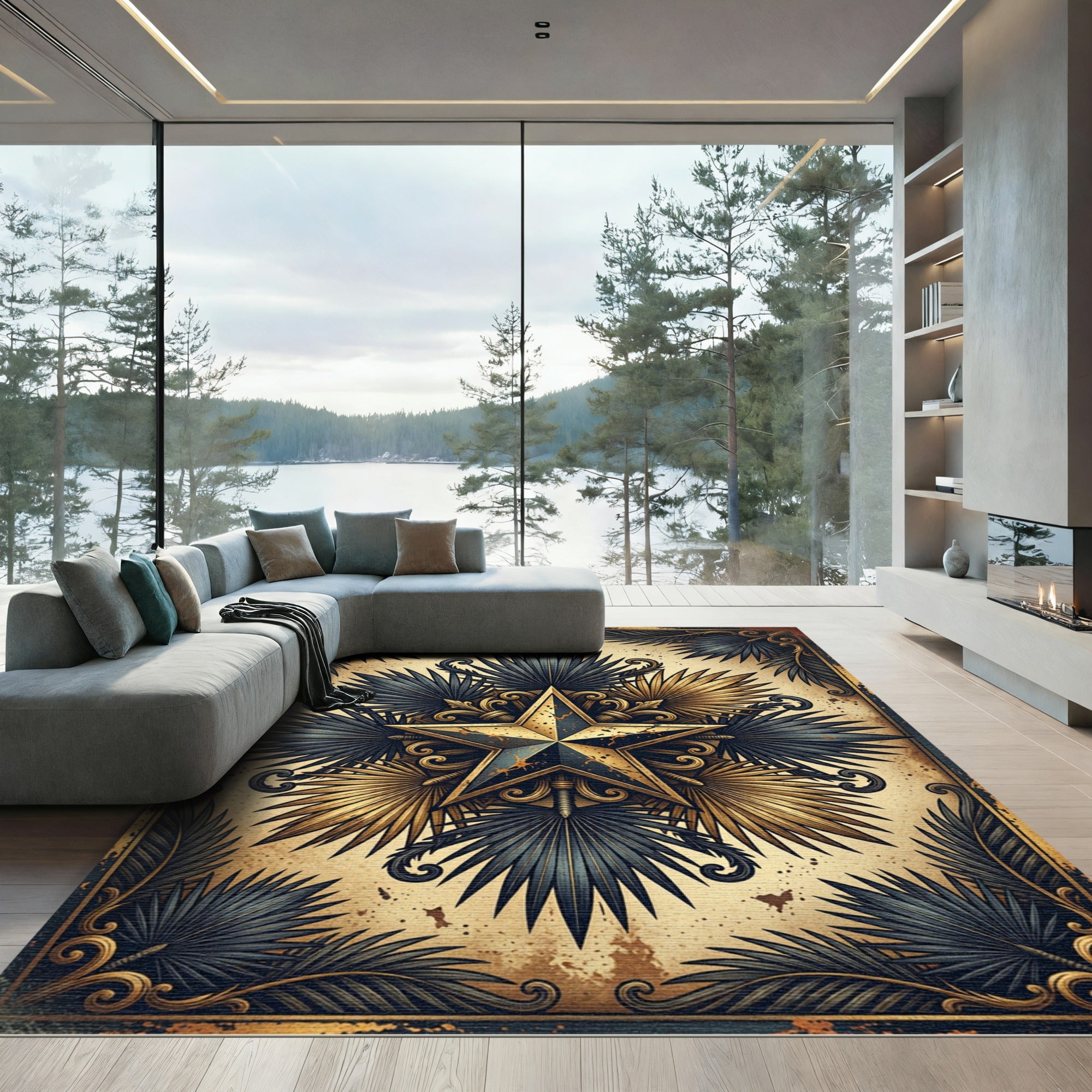 Vintage Gold Star Tropical Palm Foliage Rug