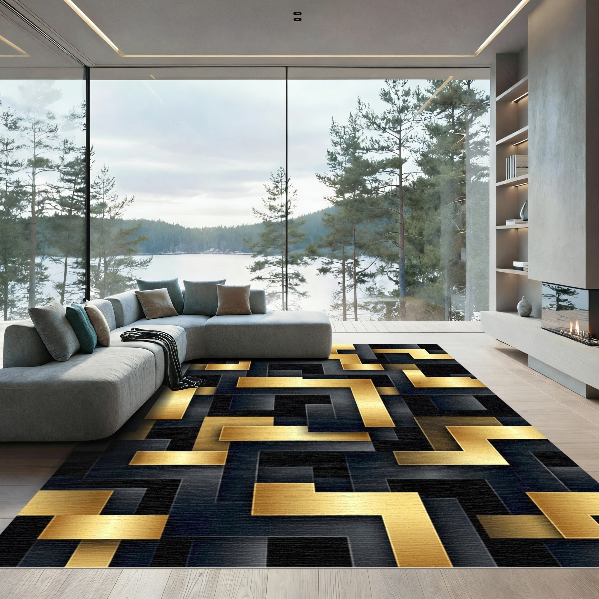 Gold Black Geometric Labyrinth Rug