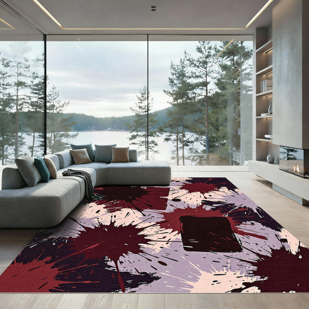 Abstract Ink Splatter Deep Burgundy Rug