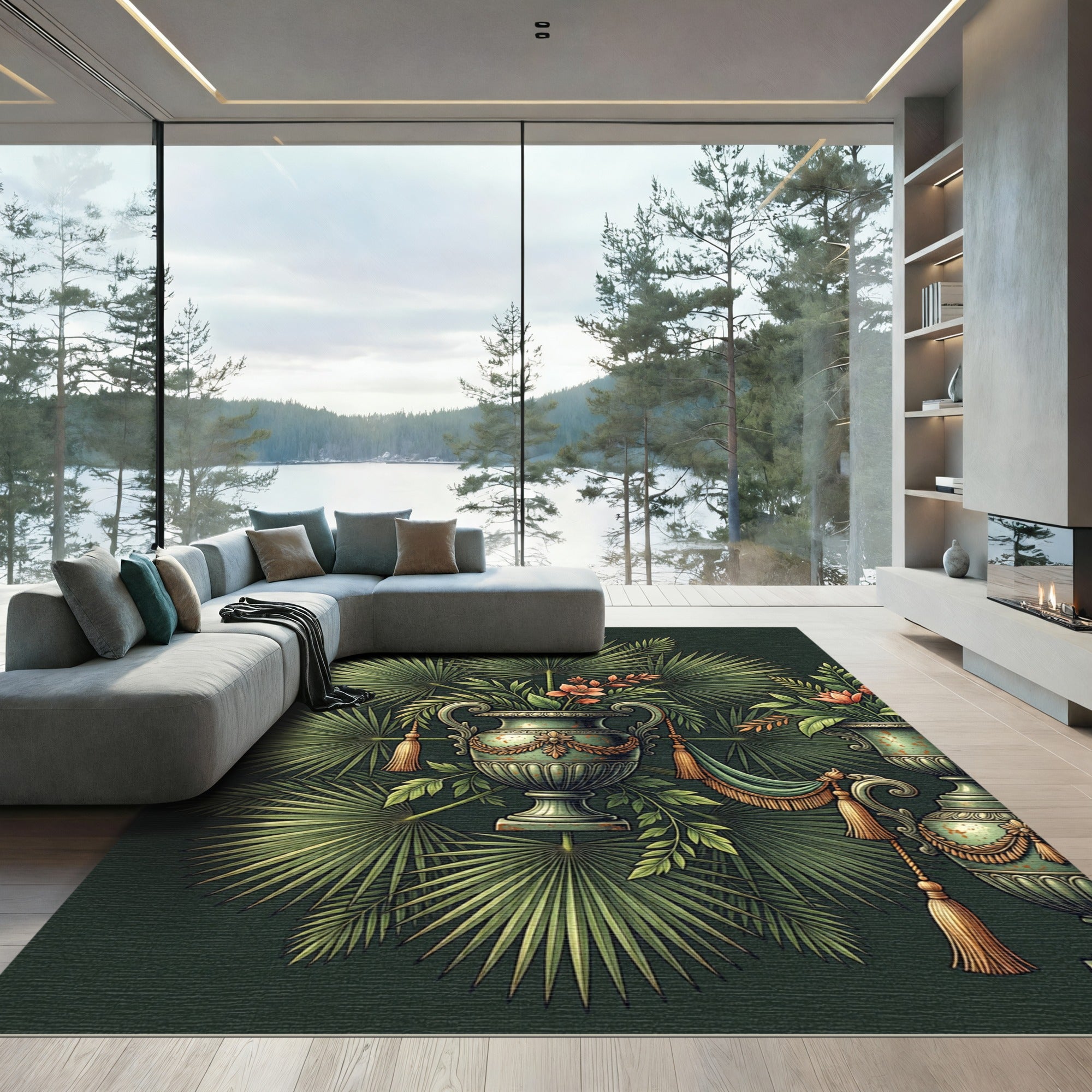Elegant Green Tropical Urn Botanical Rug