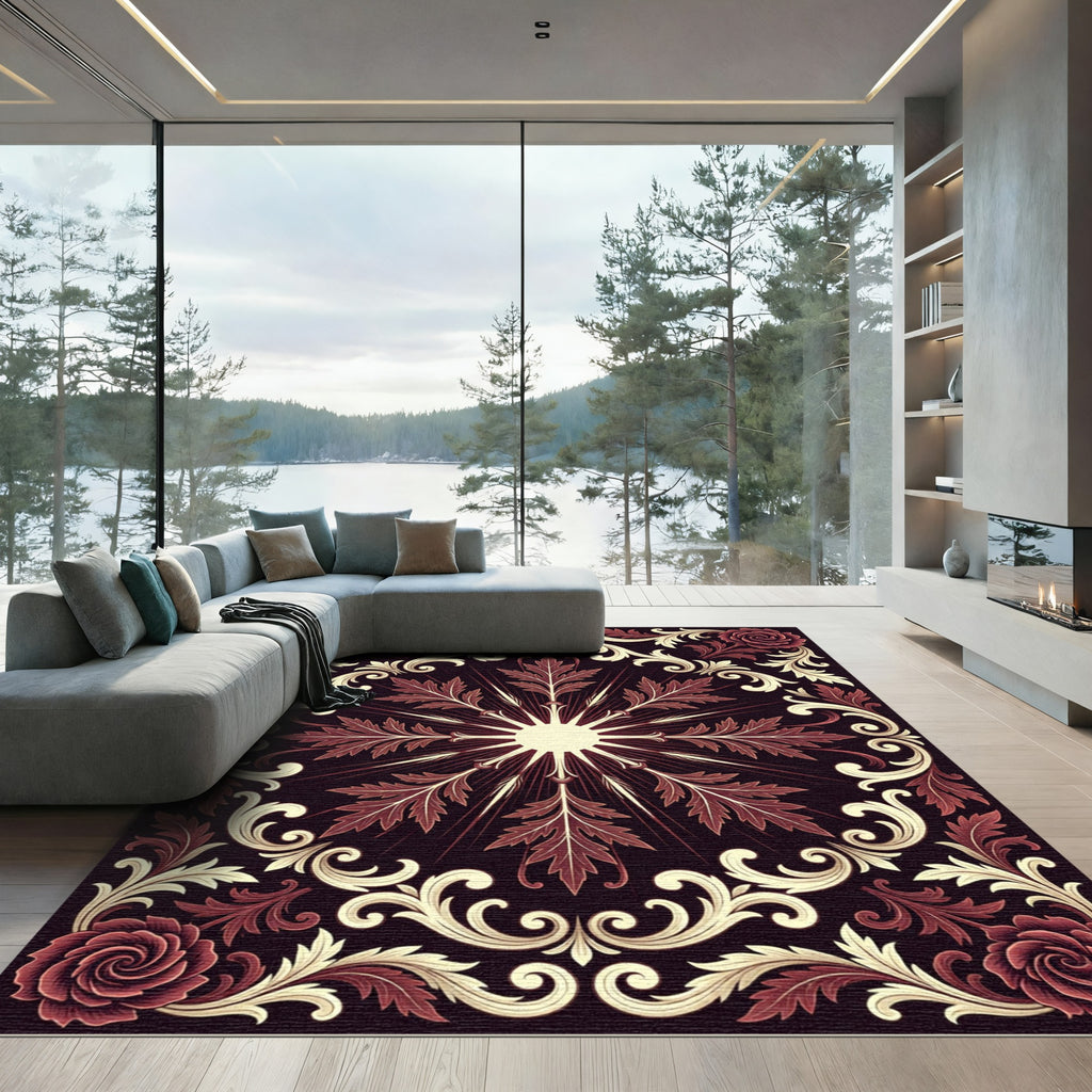 Dark Crimson Floral Baroque Medallion Rug