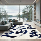 Deep Blue Ink Calligraphy Strokes Rug