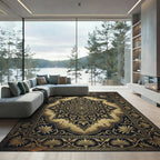 Ornate Golden Black Floral Medallion Rug