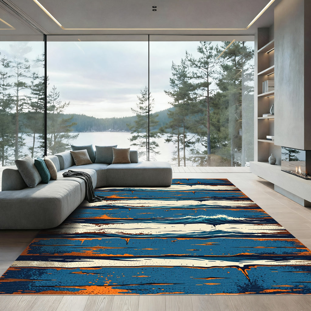 Abstract Blue and Orange Ocean Wave Rug