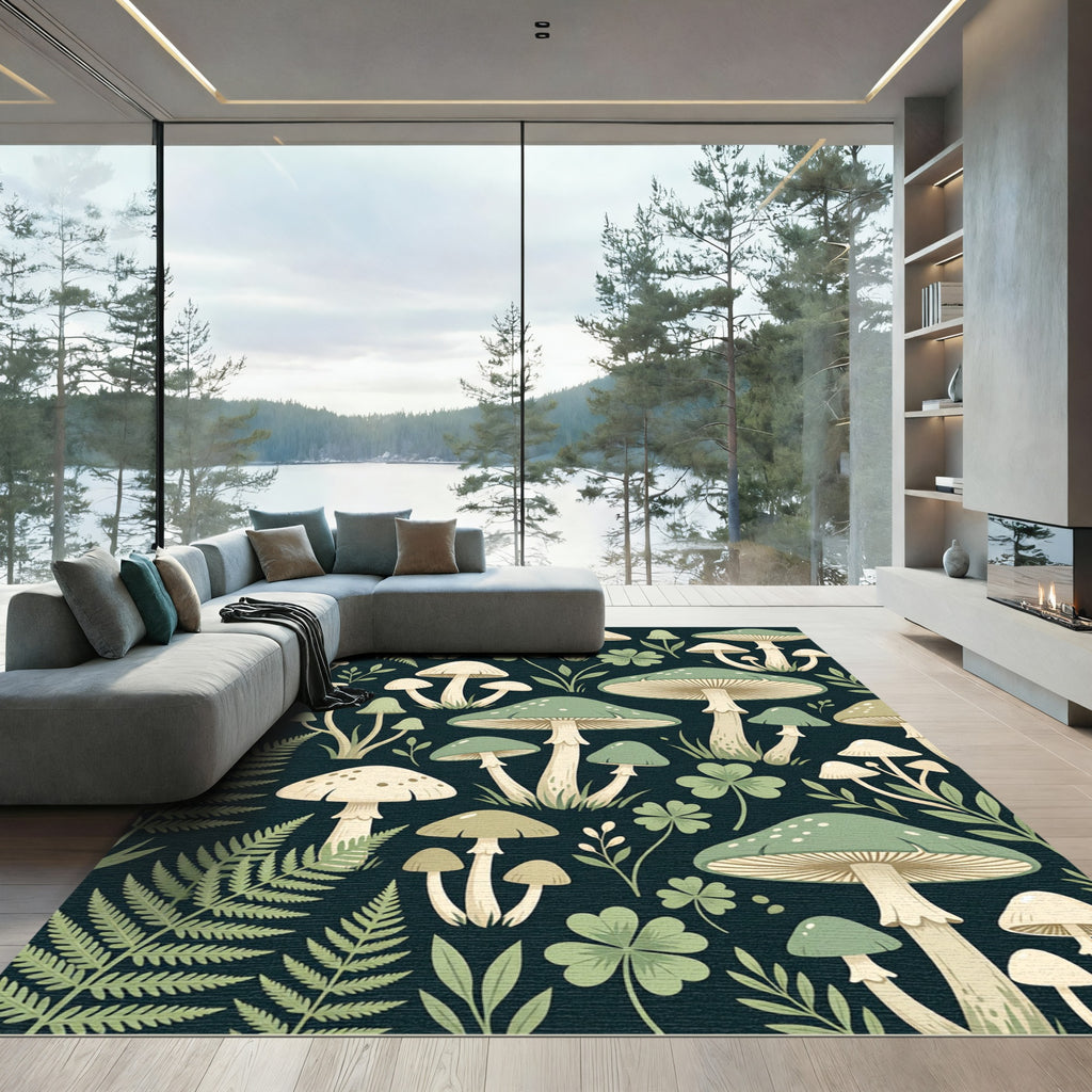 Whimsical Sage Mushroom Forest Fern Rug
