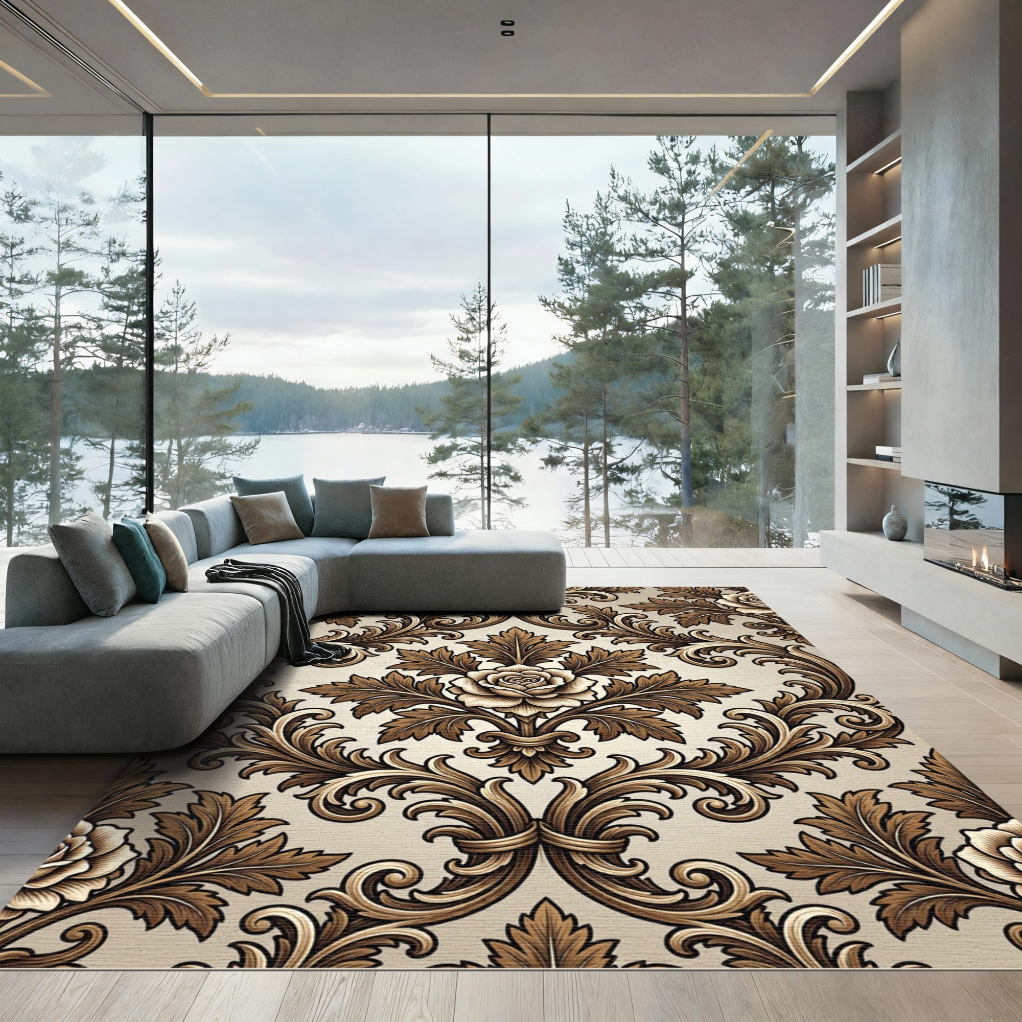 Elegant Brown Damask Floral Scroll Rug