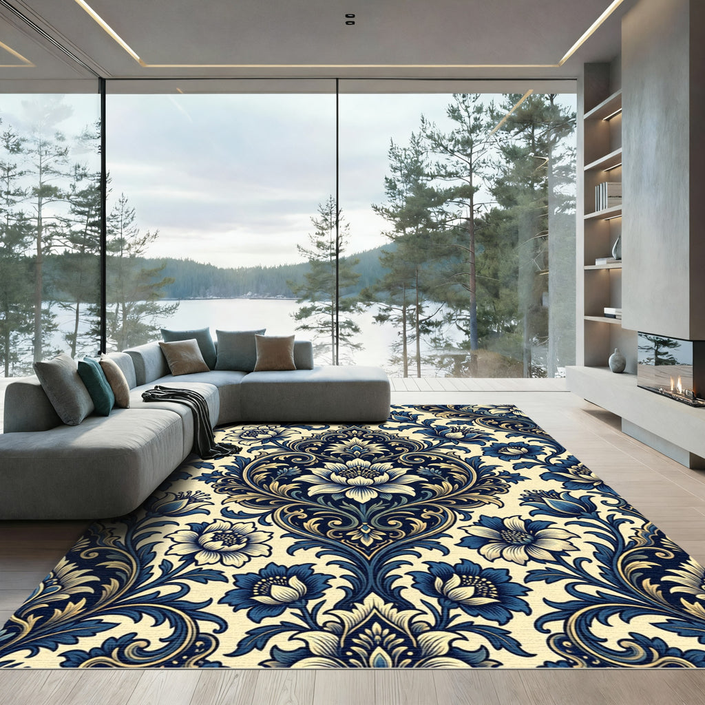 Navy Cream Floral Damask Scroll Rug