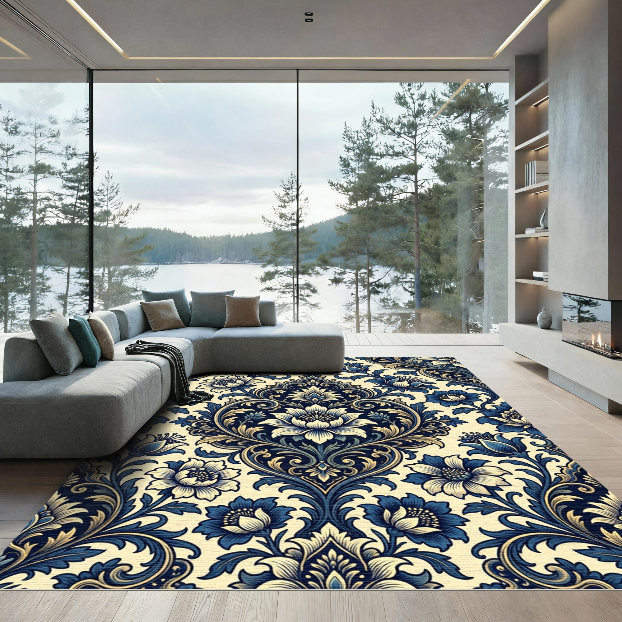 Navy Cream Floral Damask Scroll Rug