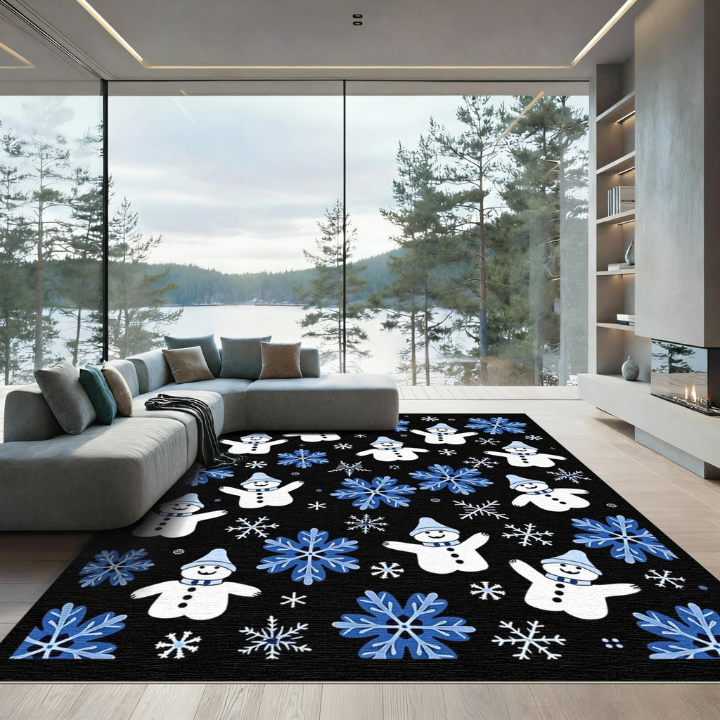 Blue Snowflakes and Cute Snowmen Toss Rug