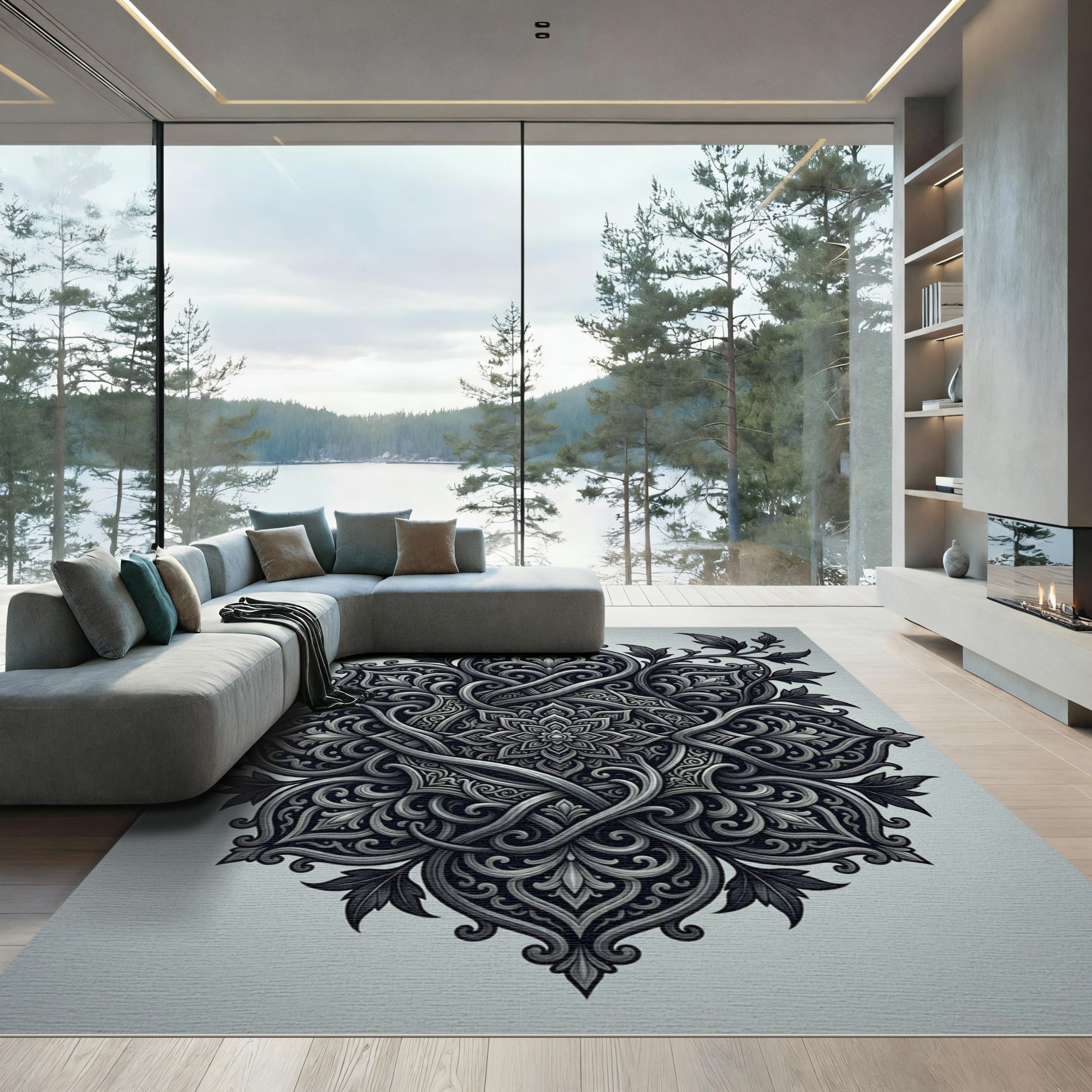 Elegant Monochrome Intricate Scroll Medallion Rug