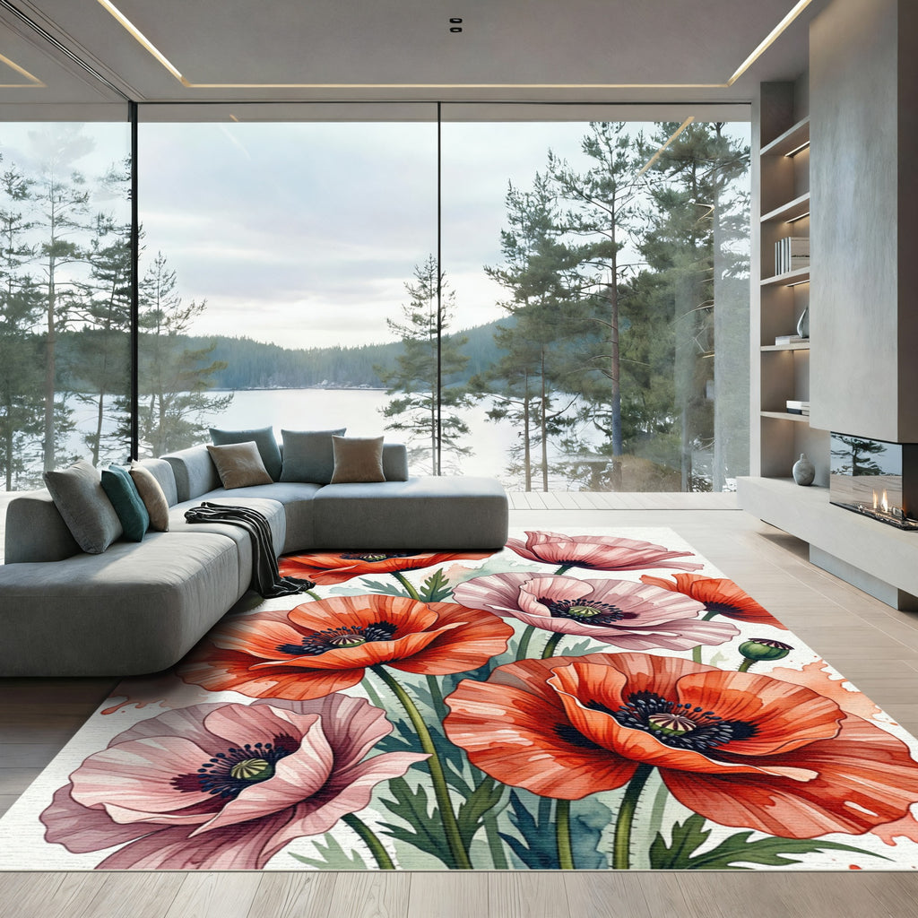 Vibrant Coral Pink Poppy Bouquet Rug