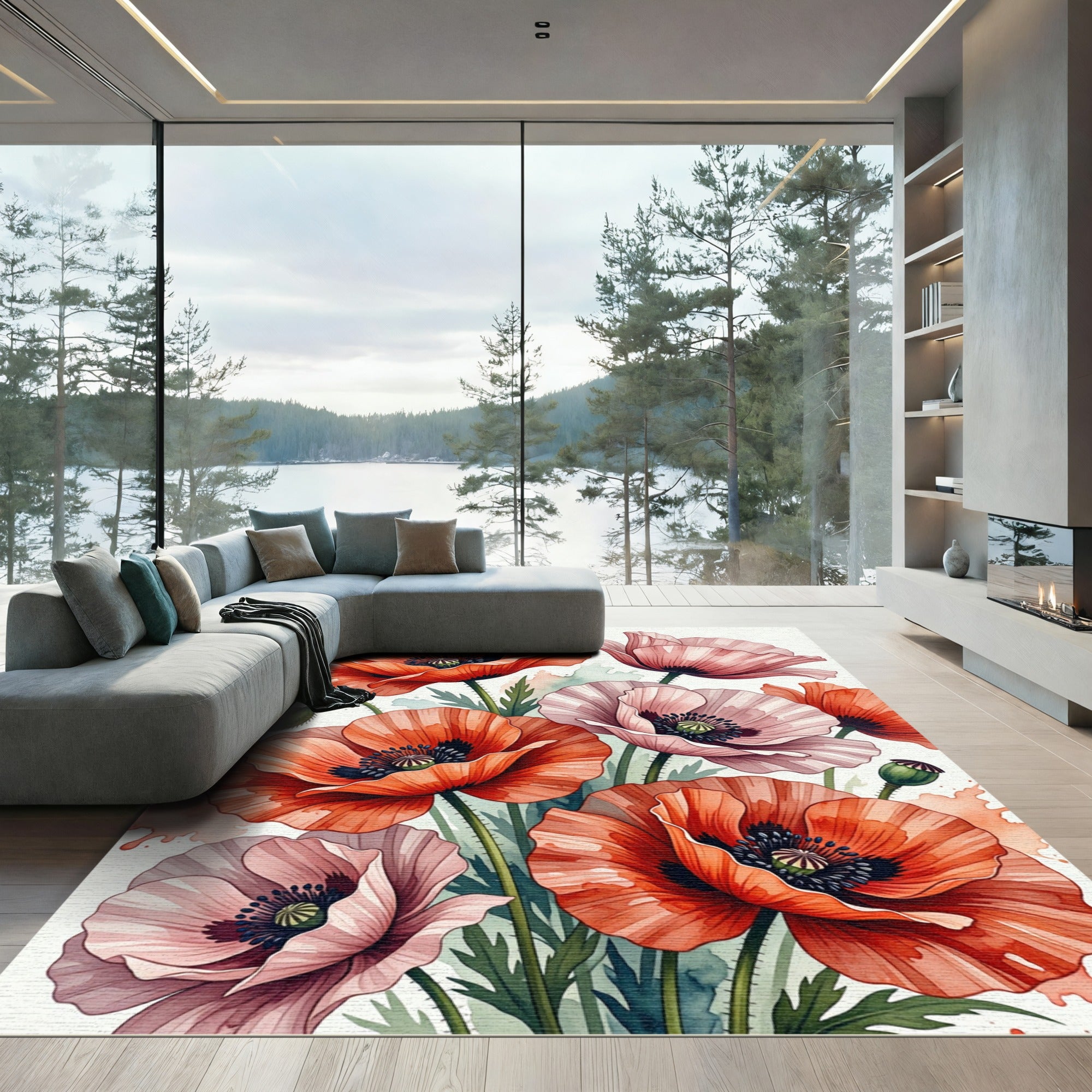 Vibrant Coral Pink Poppy Bouquet Rug