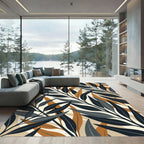 Modern Navy and Ochre Leaf Art Rug