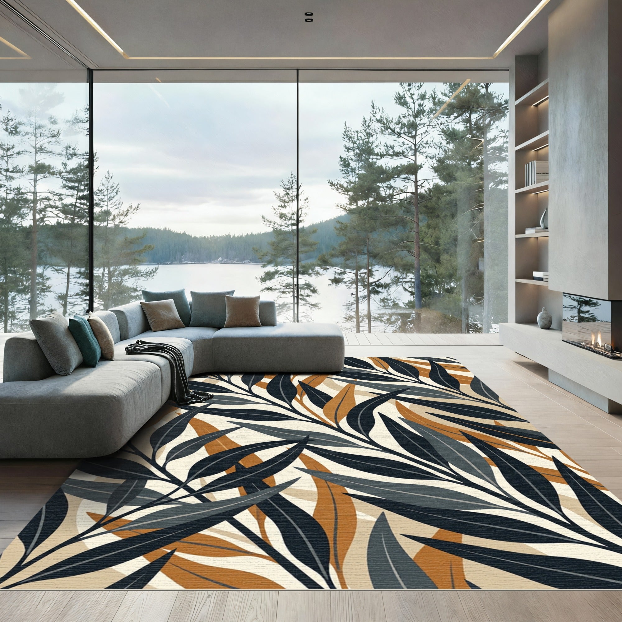 Modern Navy and Ochre Leaf Art Rug
