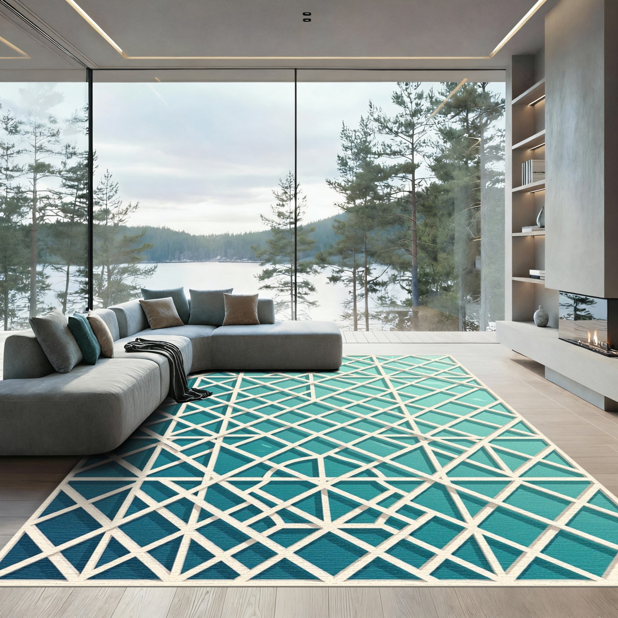 Teal Geometric Lattice Overlay Grid Rug