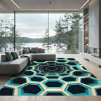Geometric Cyan Hexagonal Tunnel Abyss Rug