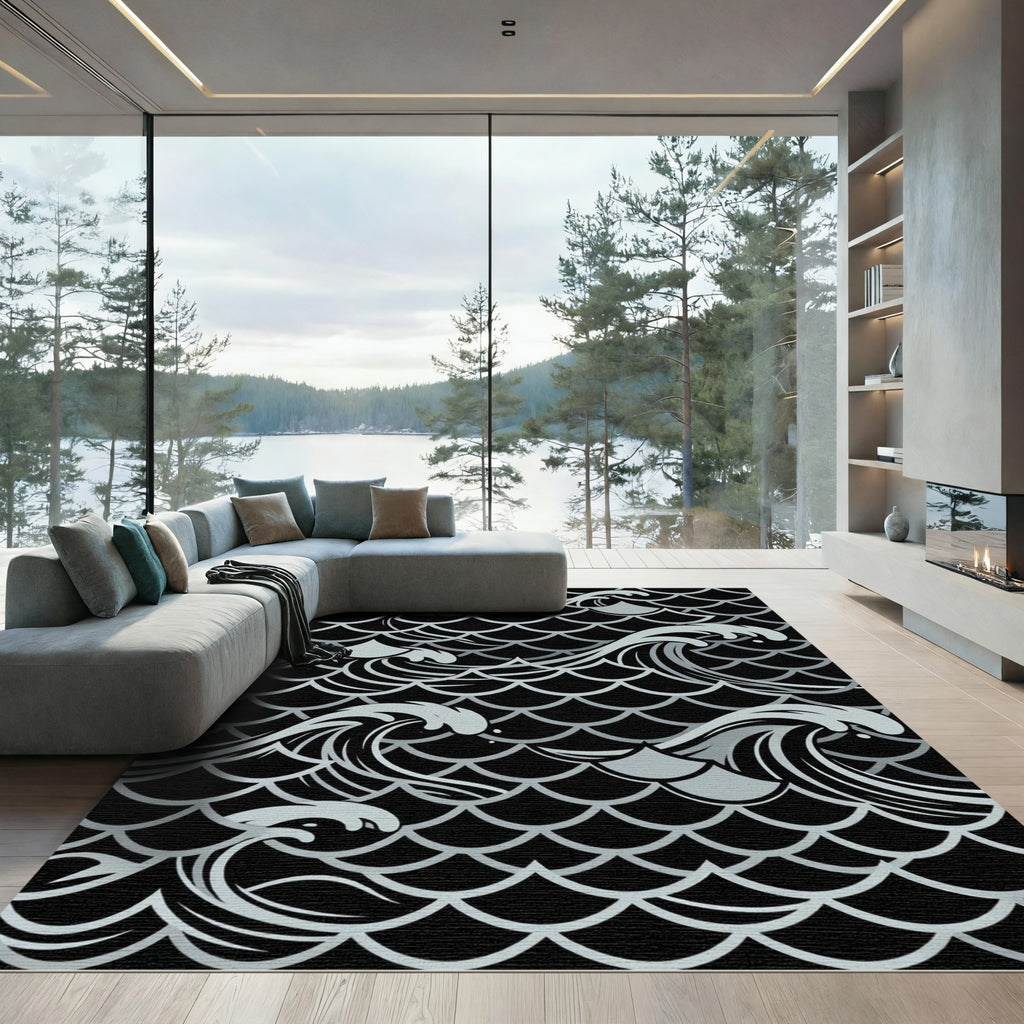 Silver Fish Waves on Black Background Rug
