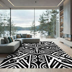 Bold Monochrome Polynesian Warrior Tribal Art Rug