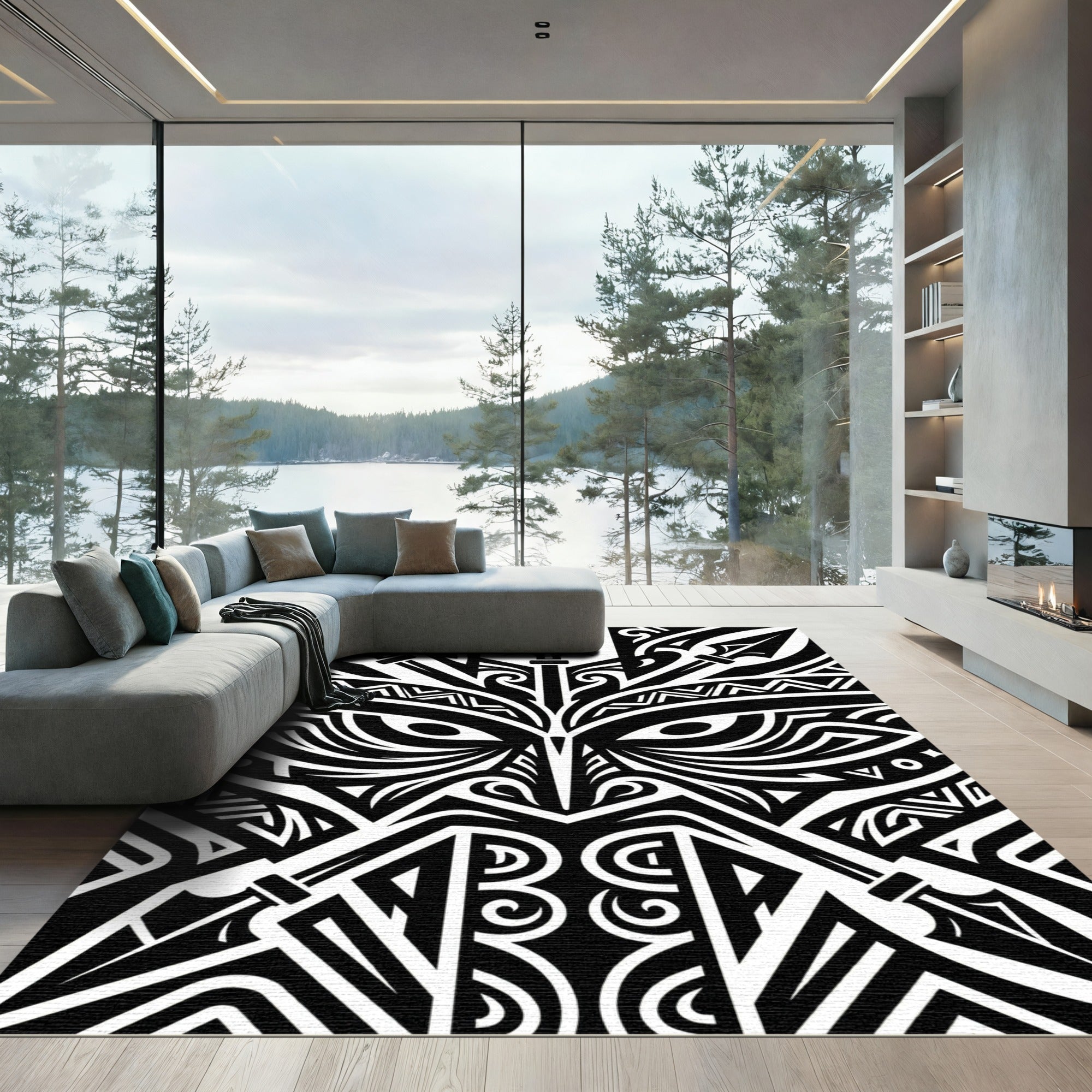 Bold Monochrome Polynesian Warrior Tribal Art Rug