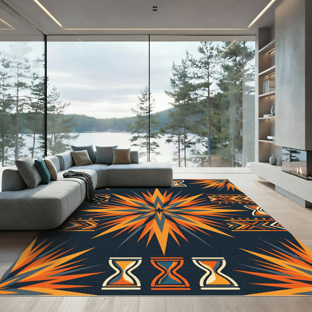 Radiant Amber Sunburst Geometric Hourglass Rug