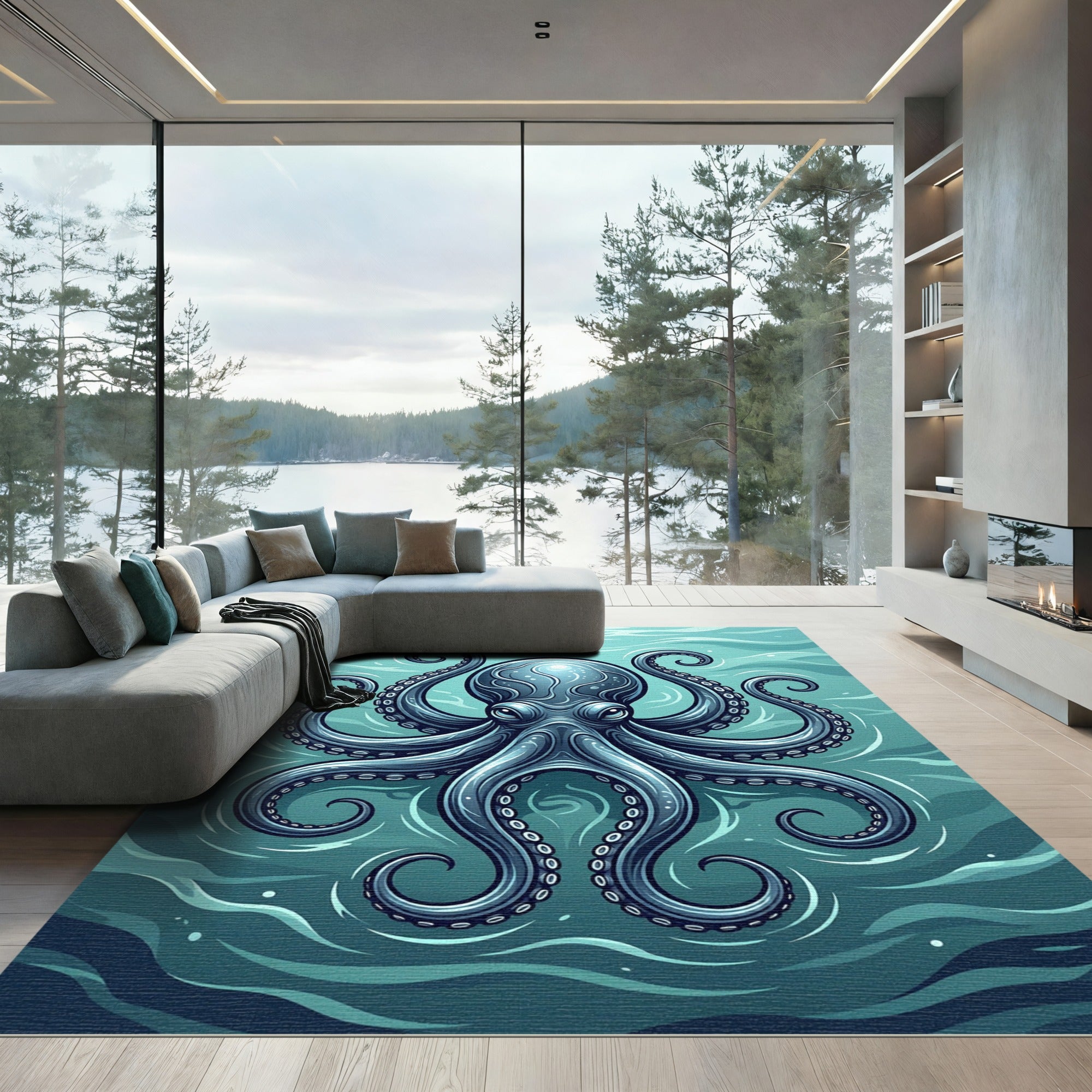 Mystical Deep Blue Ocean Octopus Rug