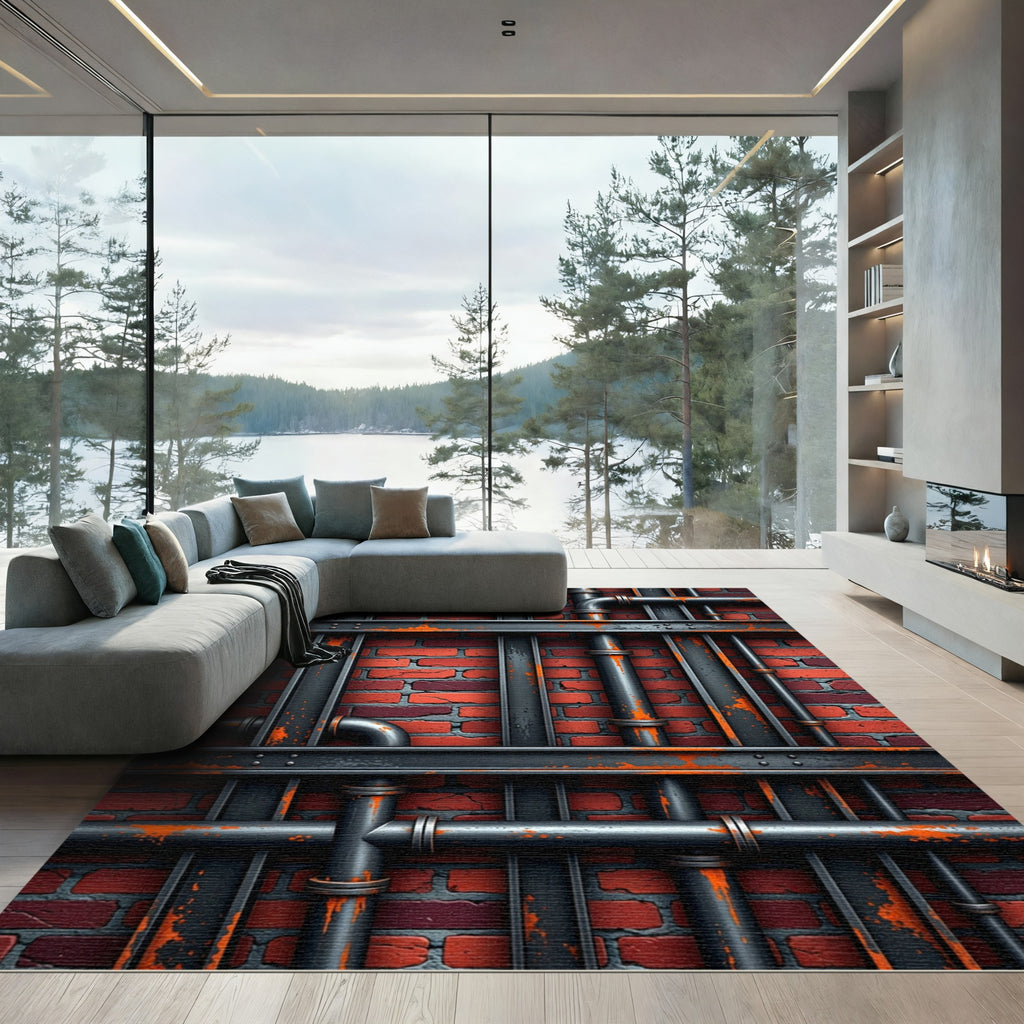 Industrial Brick Wall with Aged Pipes Rug
