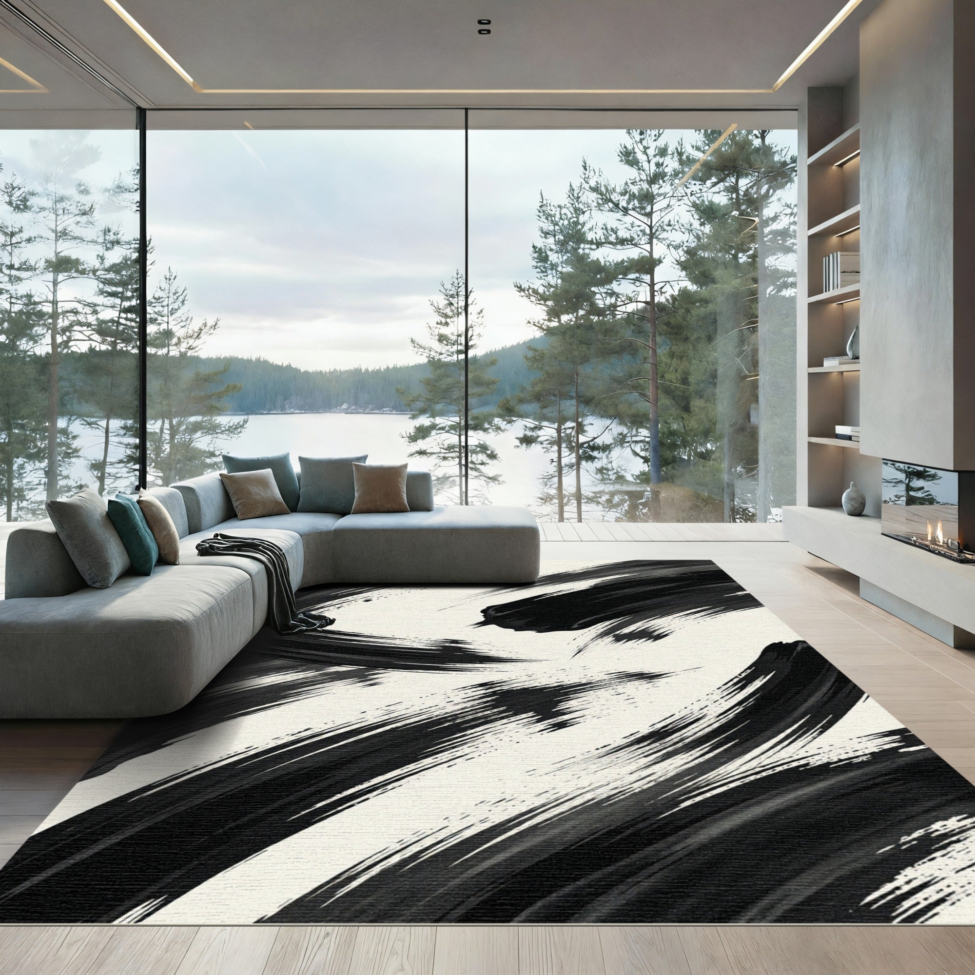 Minimalist Monochrome Abstract Brush Stroke Rug