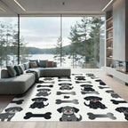 Playful Black Puppy and Bone Illustration Rug