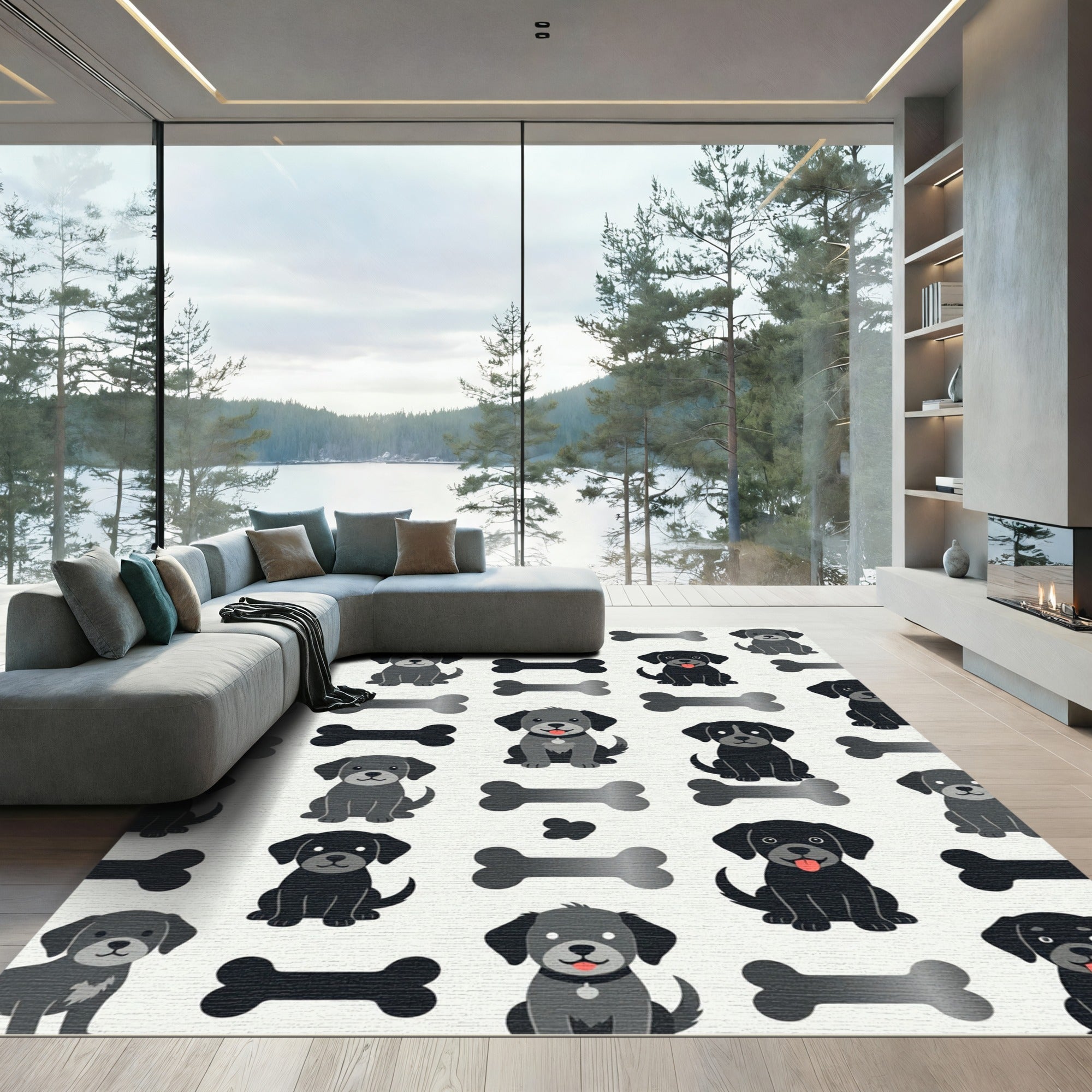 Playful Black Puppy and Bone Illustration Rug