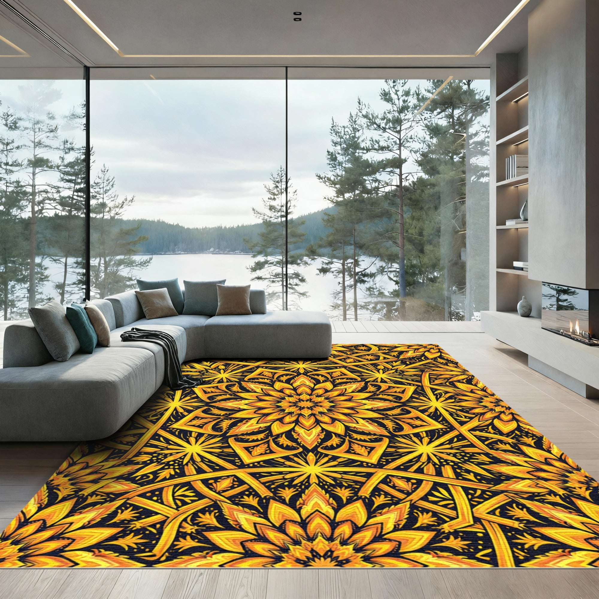 Golden Radiant Sunburst Floral Medallion Rug