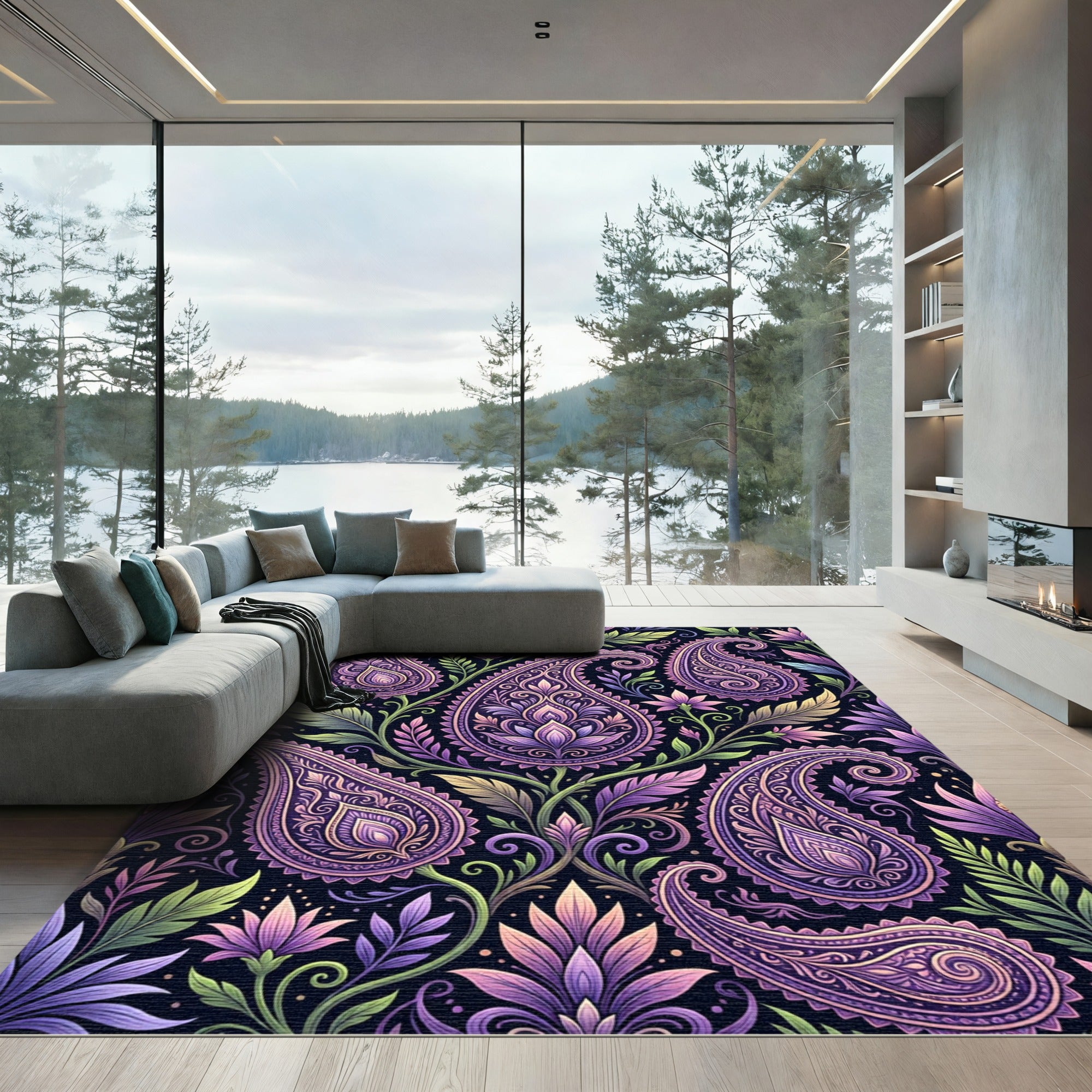Ornate Purple Paisley Floral Garden Rug