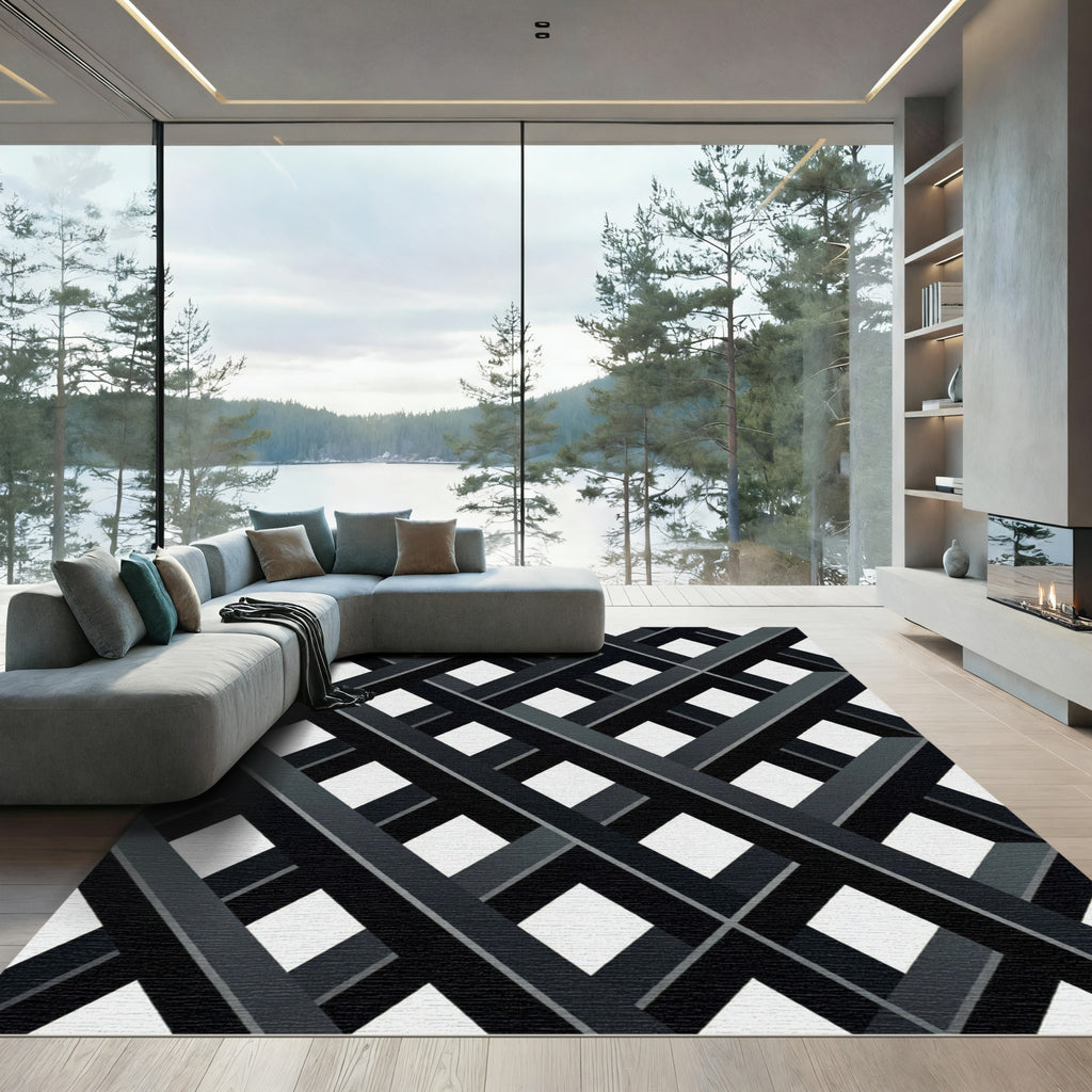 Modern Black Grey Geometric Lattice Rug