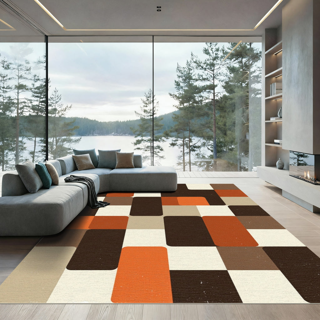 Mid Century Brown Burnt Orange Geometric Rug