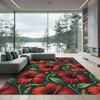 Vibrant Red Hibiscus Floral Garden Rug