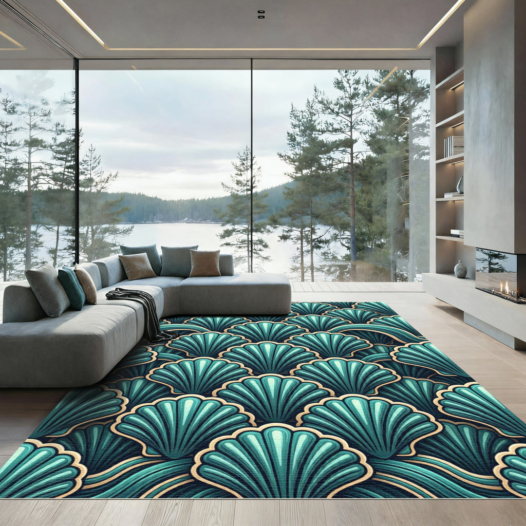 Oceanic Teal Scallop Wave Rug