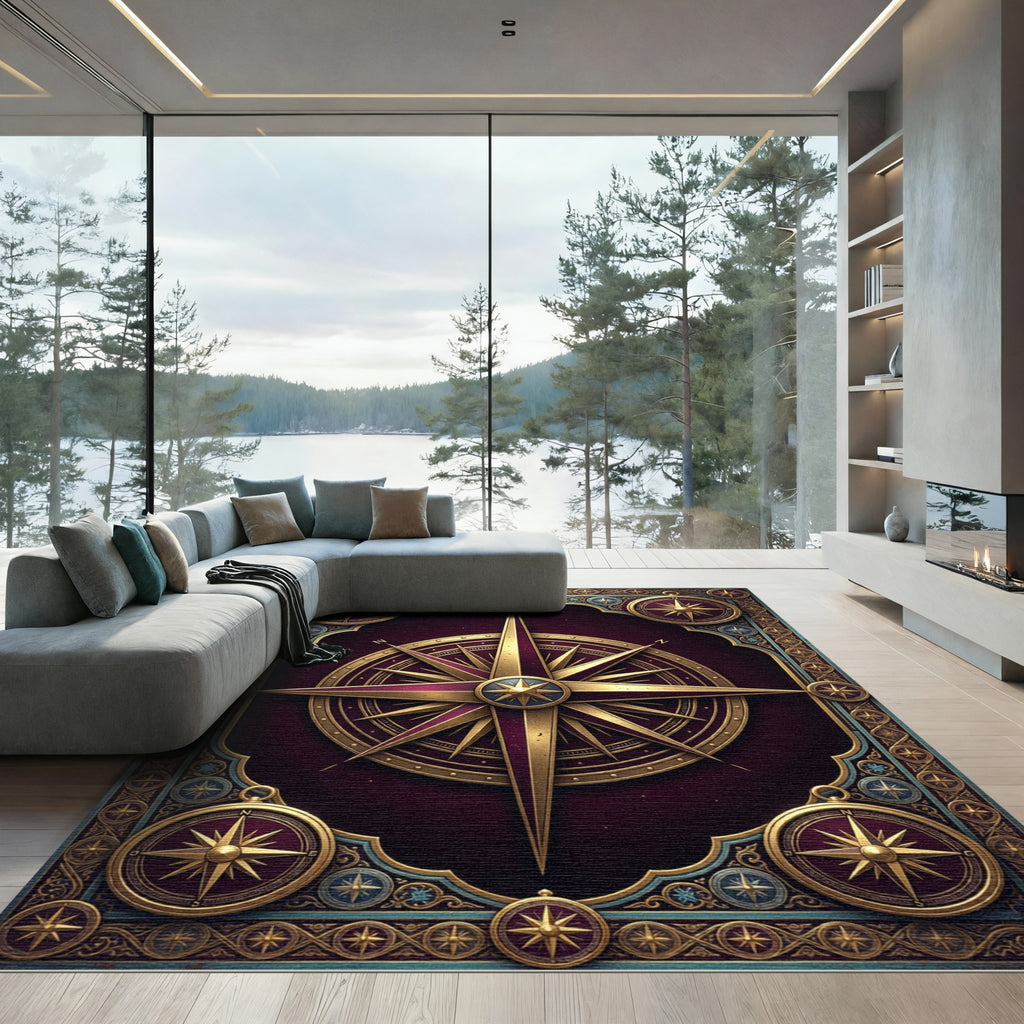 Regal Gold Compass Rose Maroon Tapestry Rug