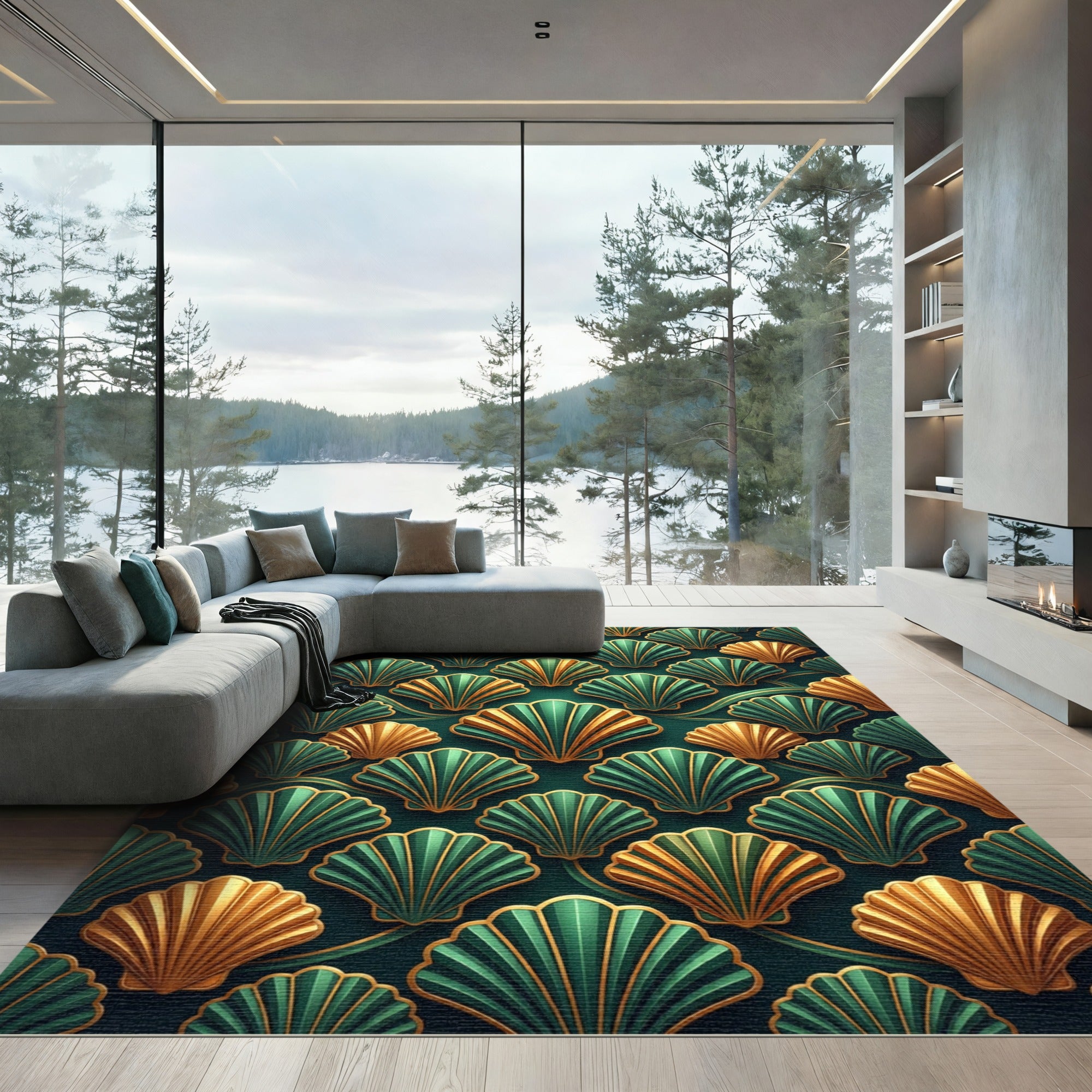 Art Deco Emerald and Golden Shells Rug